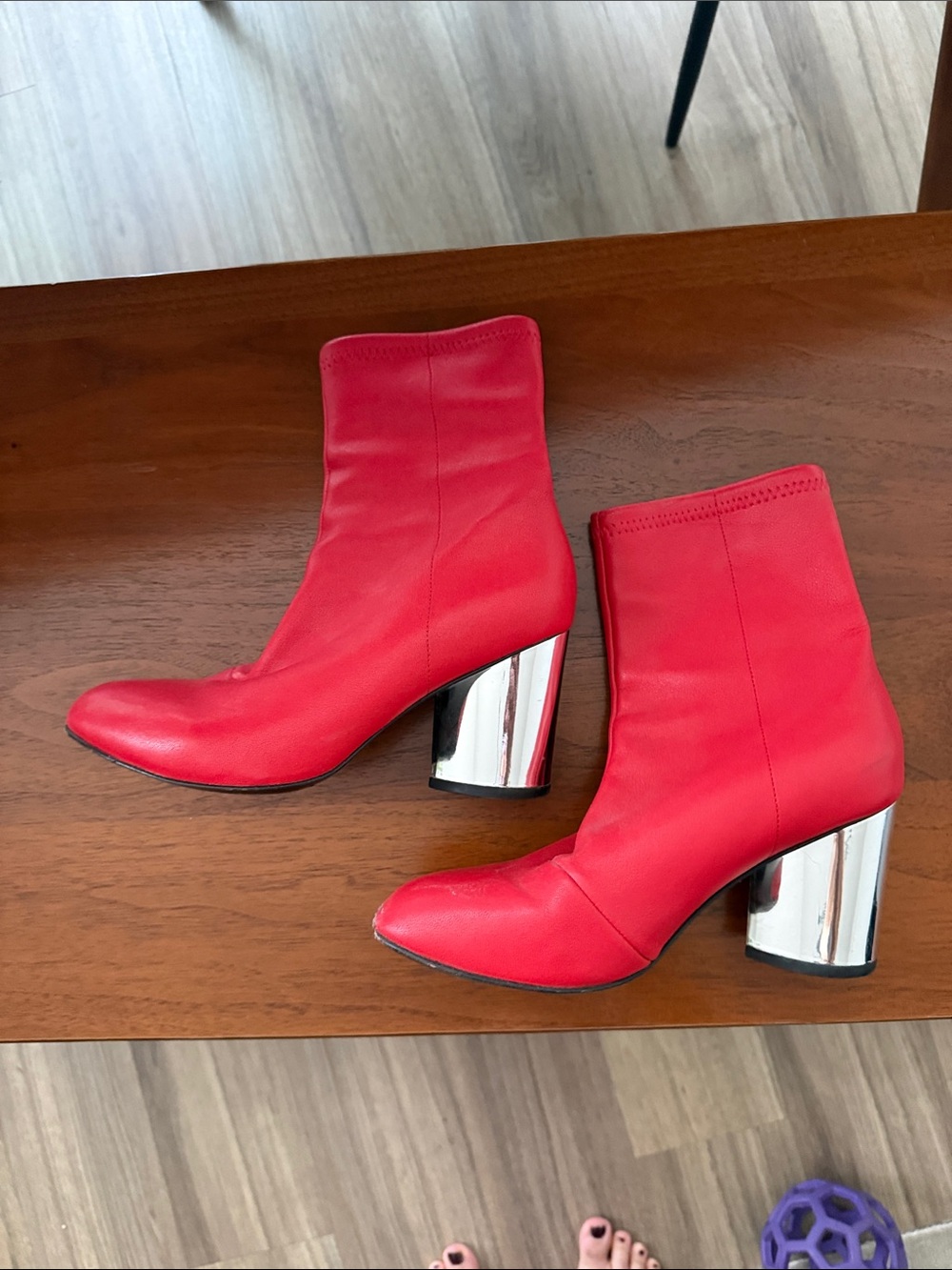 Opening Ceremony Red Leather Ankle Boots with Chrome Block Heels